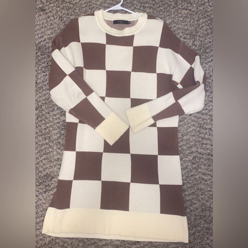 Zesica Brown and Cream Checkered Sweater Dress, size M